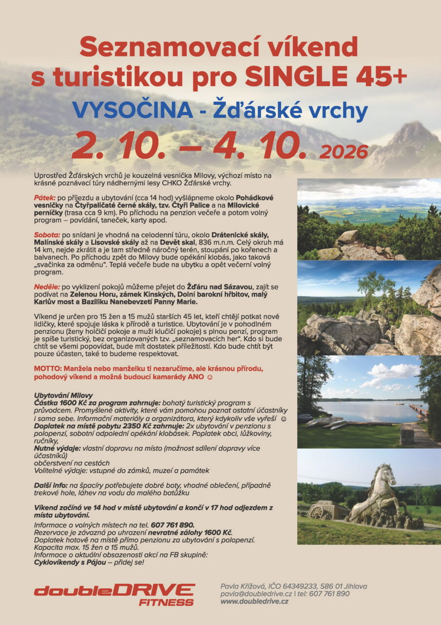 Seznamovací víkend s turistikou pro SINGLE 45+ VYSOČINA – Žďárské vrchy 2.- 4.10.2026