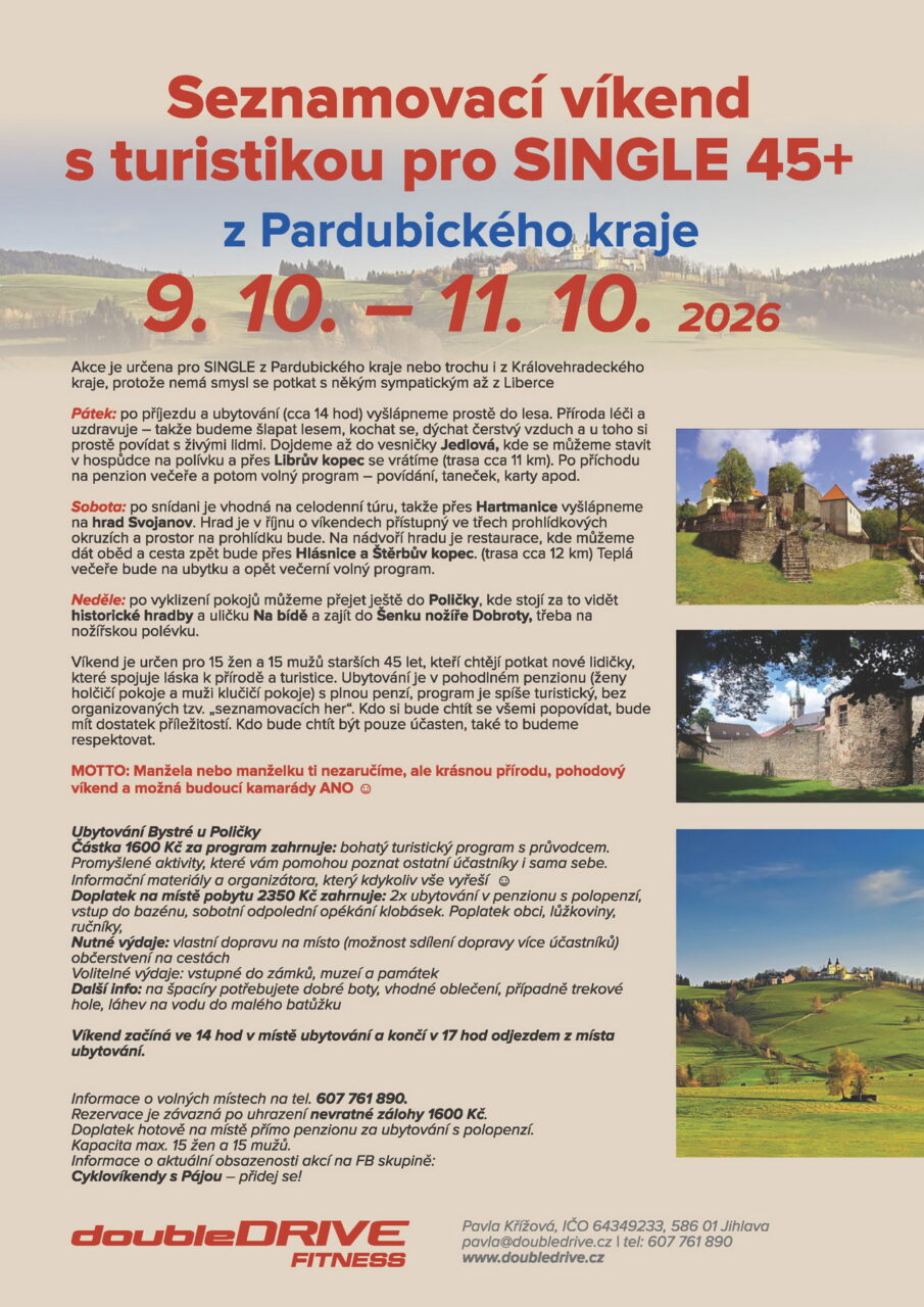 Seznamovací víkend s turistikou pro SINGLE 45+ z Pardubického kraje 9.-11.10.2026